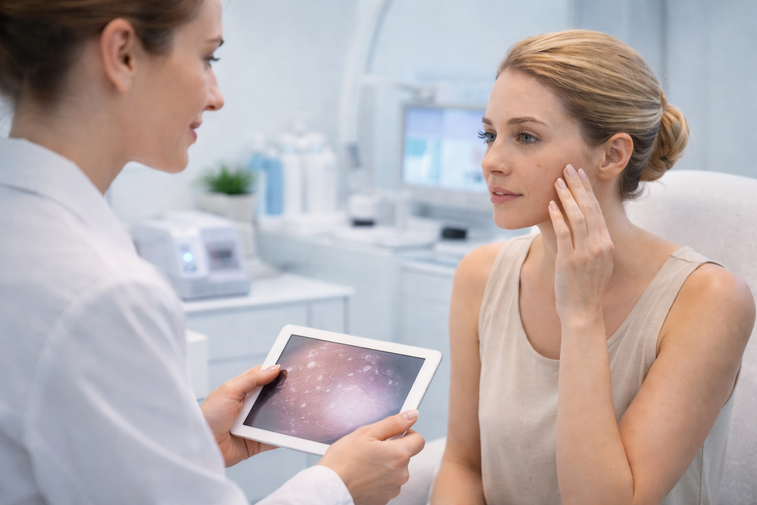 A serene image of a person gently touching their face, symbolizing care and confidence in skin care.